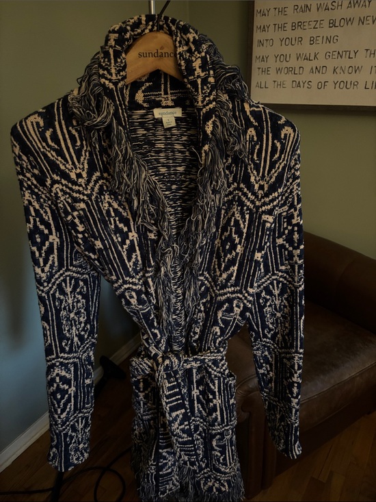 Sundance Sweaters - Sundance Navy and Cream Fringe Belted Knit Cardigan